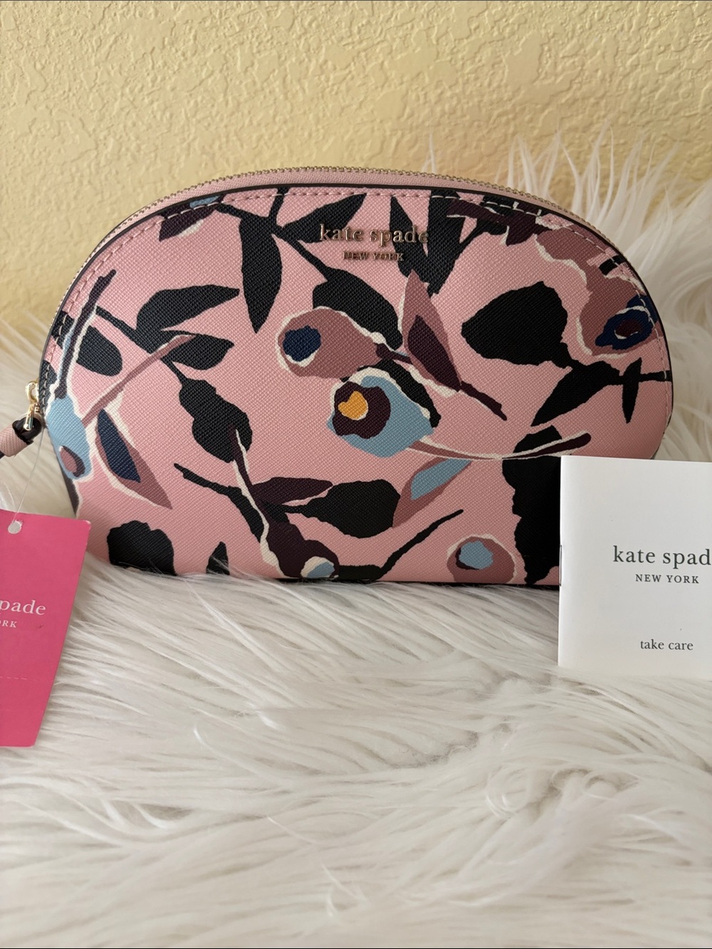 kate spade Pink Floral Dome Makeup Pouch with Gold Logo